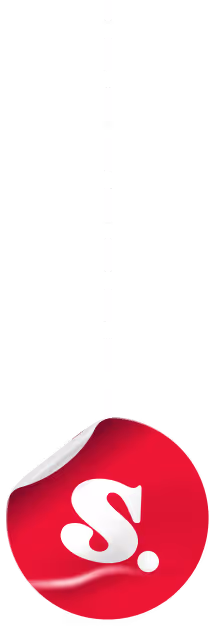 Red circular sticker with a white stylized letter 'S' and a small white dot, peeling at the top left, connected by a vertical dashed line above.