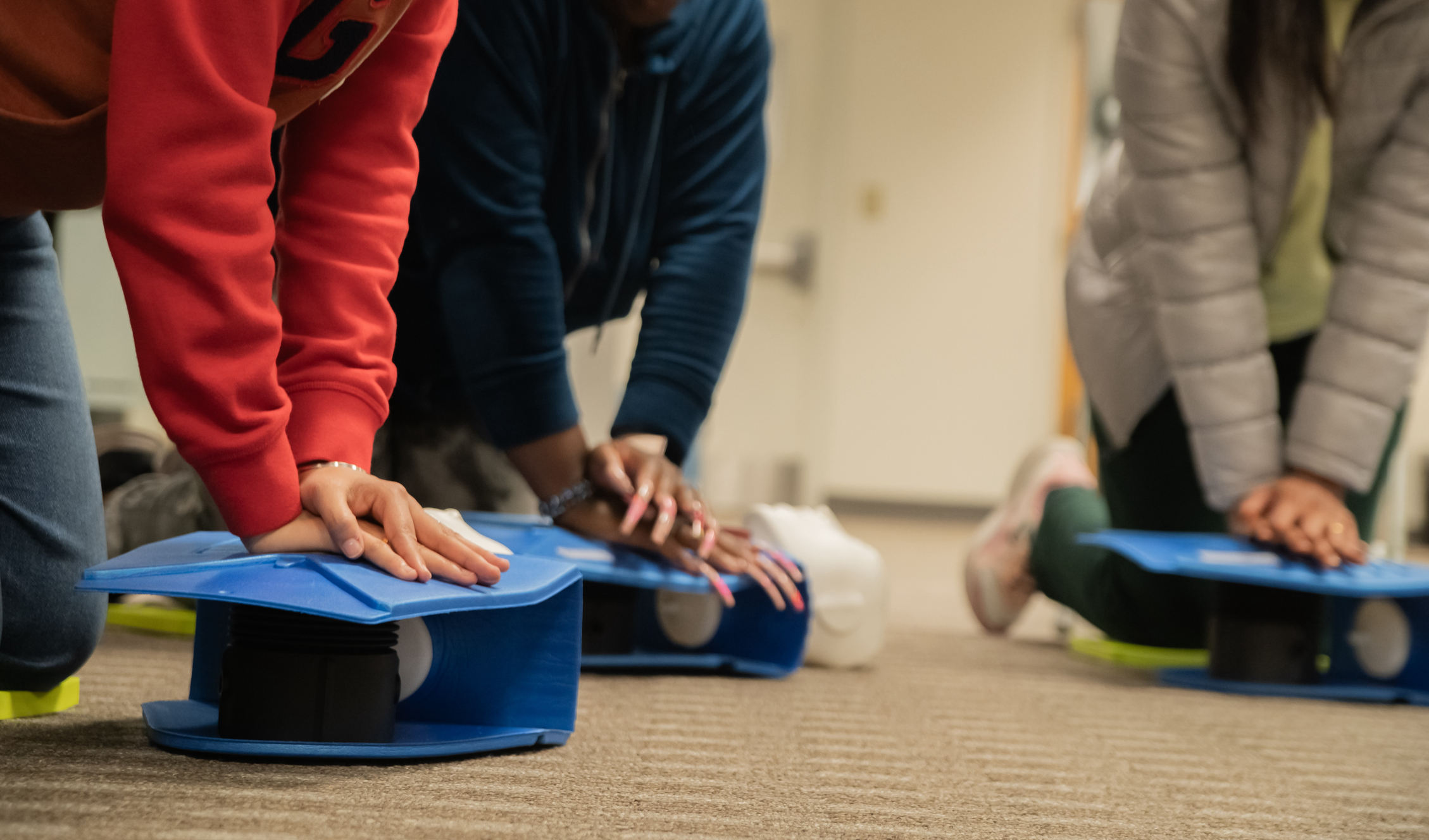 Participants practicing CPR with training manikins during a class