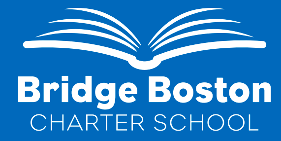 Bridge Boston Charter School logo with stylized open book on blue background.