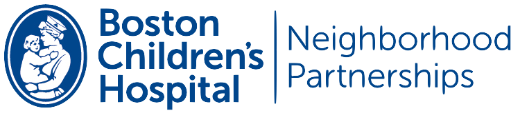 Boston Children's Hospital Neighborhood Partnerships logo with nurse holding child in a blue circle.