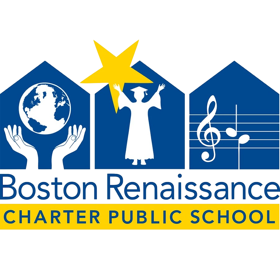 Logo with globe in hands, graduate reaching star, and music notes above Boston Renaissance Charter Public School text.