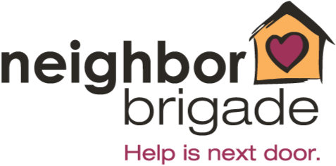 Neighbor Brigade logo with a house and heart icon and slogan 'Help is next door.'