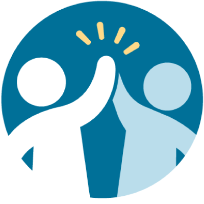 Two stylized figures giving a high five inside a blue circle, symbolizing collaboration.