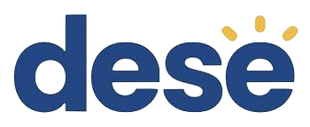 Dark blue lowercase letters forming the word 'desē' with yellow accents above the final letter.