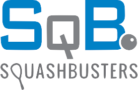 SquashBusters logo with stylized SqB letters and a squash racket below the text.