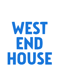 Blue text reading 'WEST END HOUSE' stacked vertically on a white background.