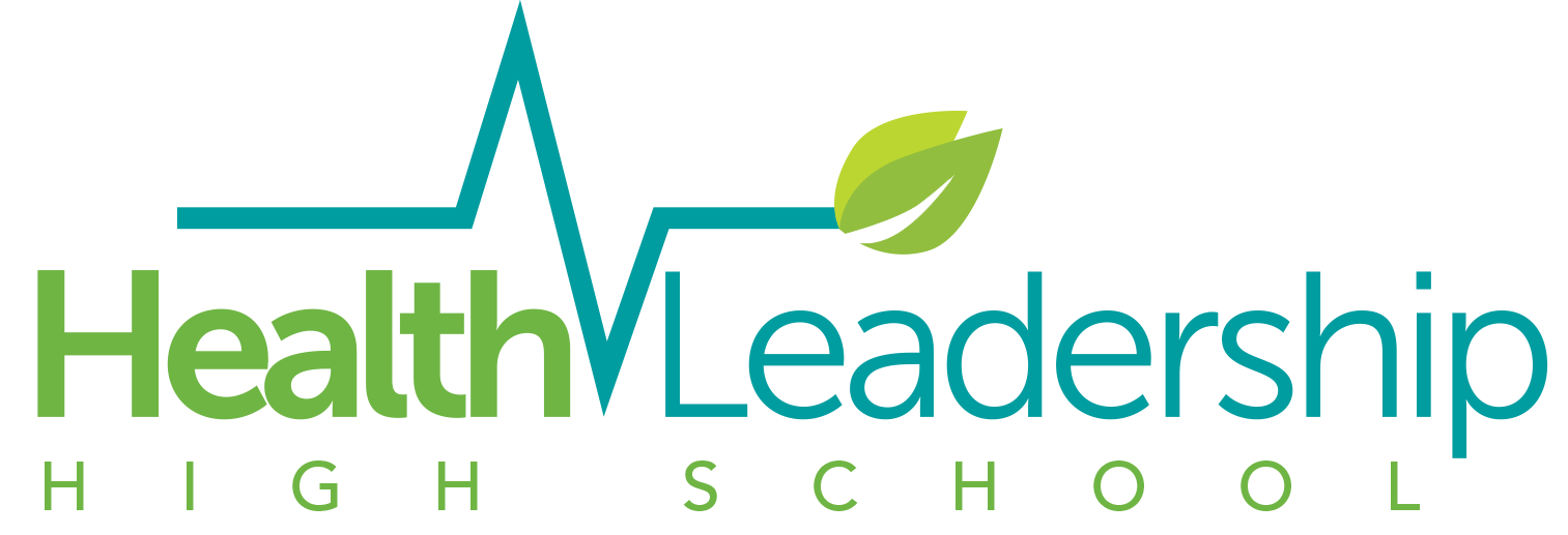 Health Leadership High School logo with heartbeat line and green leaves symbol.