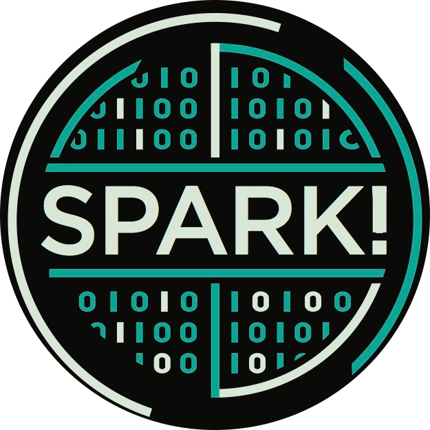 Circular logo with the word SPARK! surrounded by binary code patterns in teal and white.