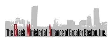 Gray Boston skyline silhouette with text The Black Ministerial Alliance of Greater Boston, Inc. in black and red.