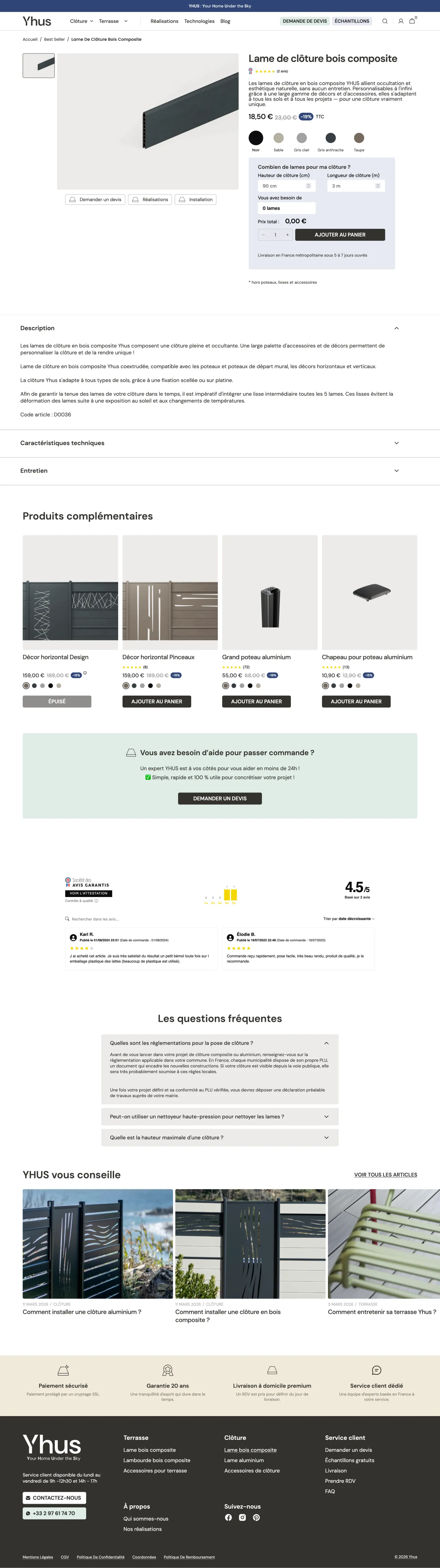 Fiche produit de la lame de clôture bois composite sur le site Yhus