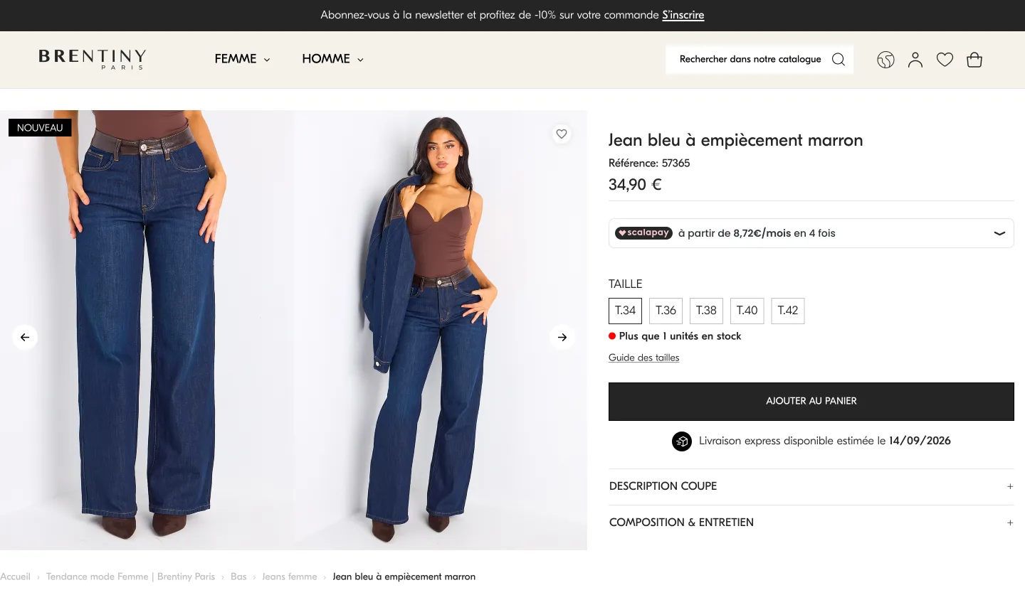Fiche produit d’un jean sur le site Brentiny Paris