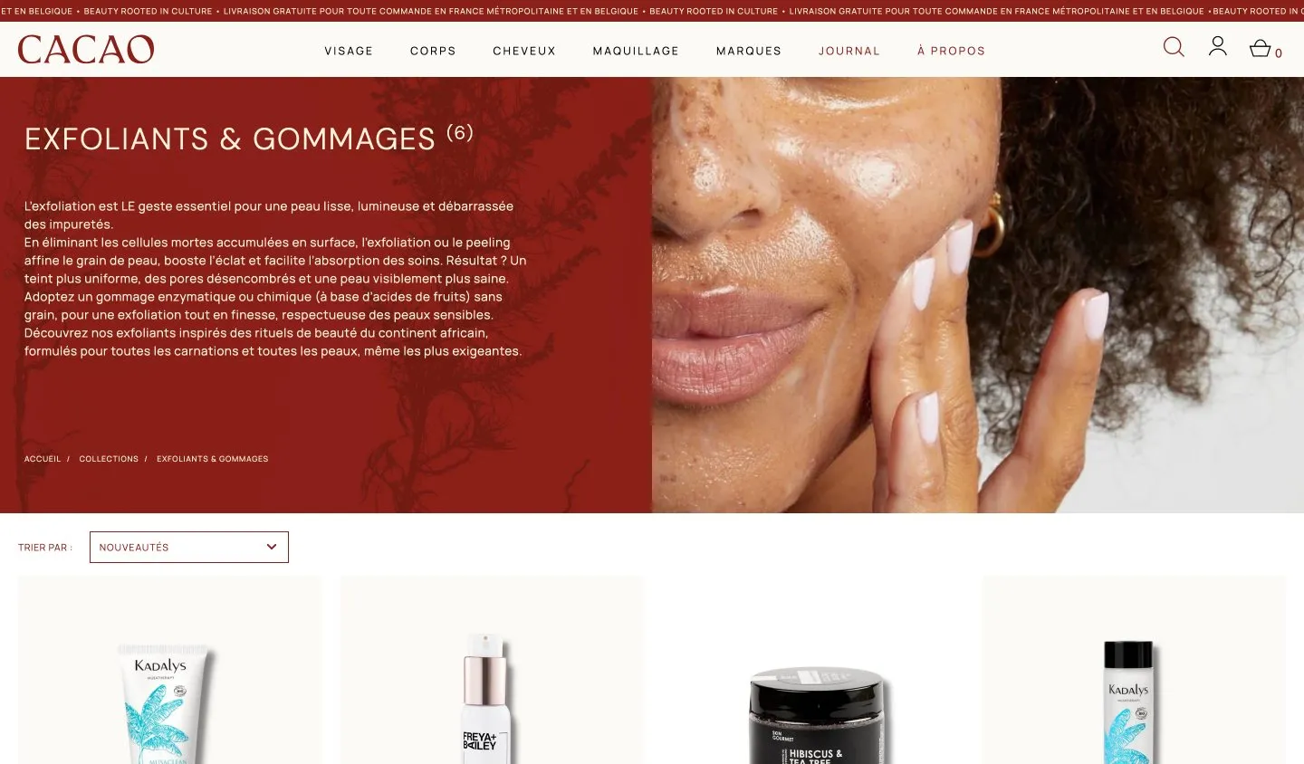 Page collection Exfoliants et gommages du site Cacao Skincare