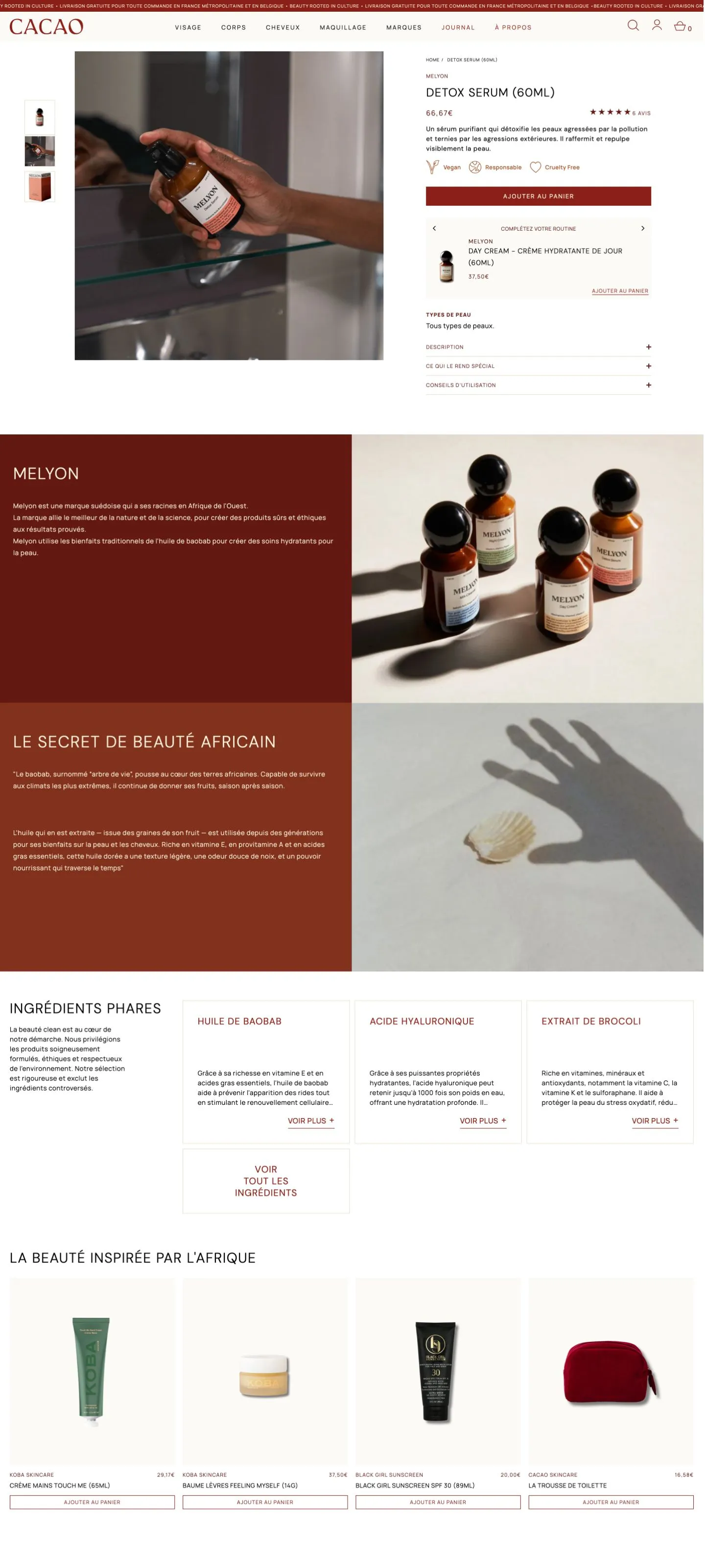 Fiche produit Detox Serum du site Cacao Skincare