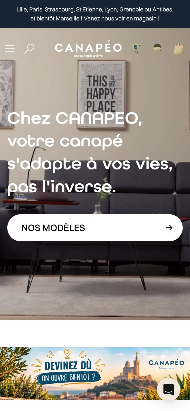 Page d’accueil du site Canapéo en navigation mobile