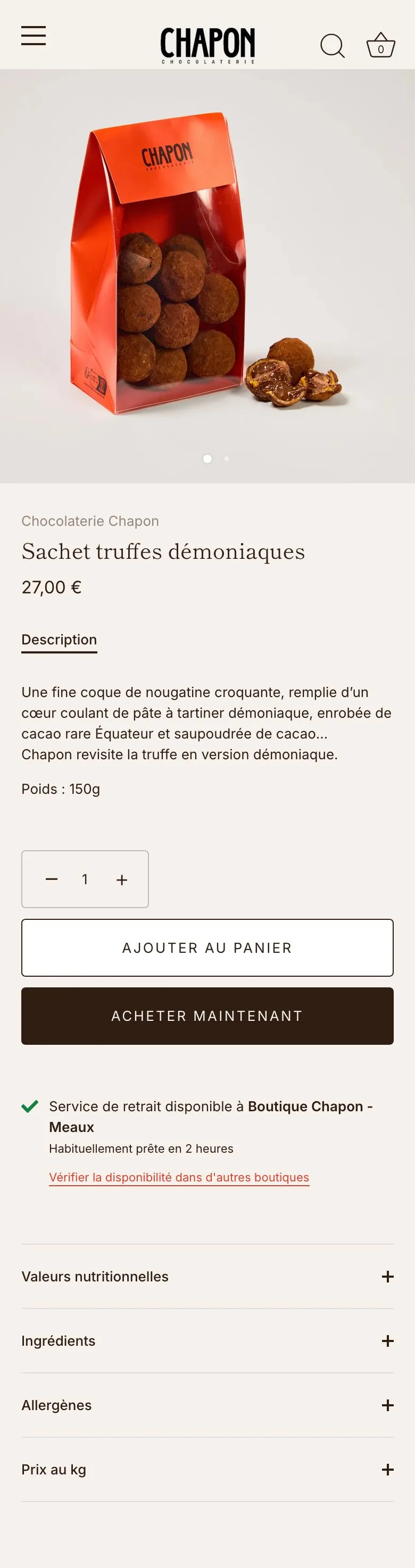 Fiche produit du site Chapon en navigation mobile
