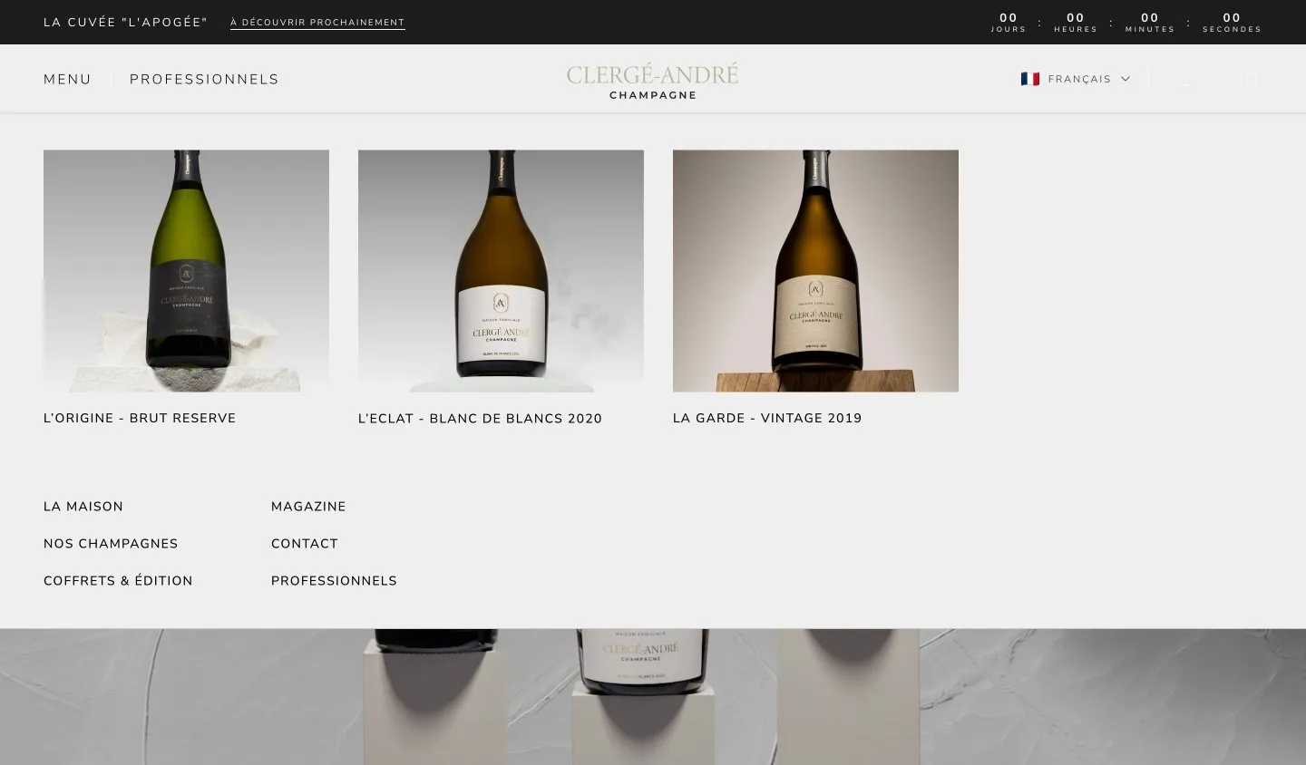 Menu et accès aux cuvées du site Clergé-André