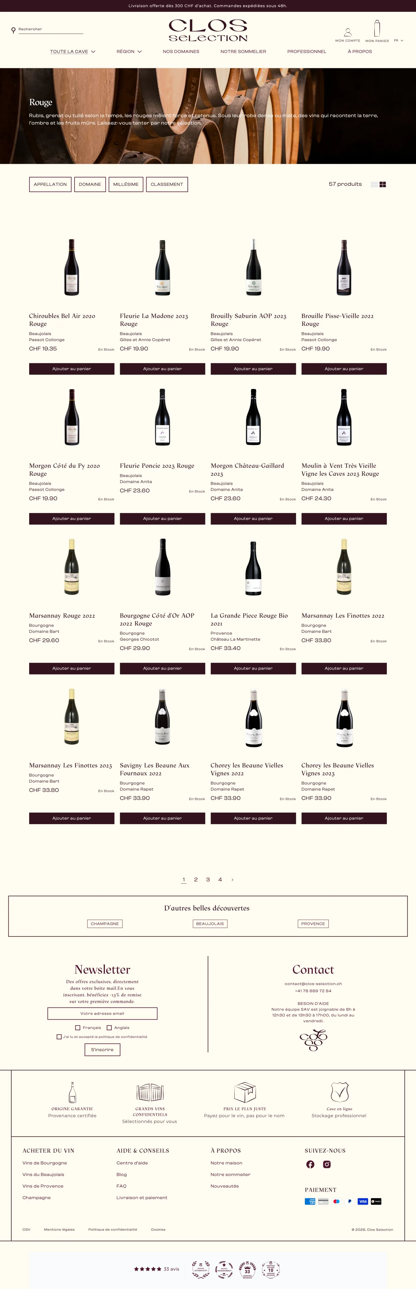 Page collection Vins rouges du site Clos Sélection