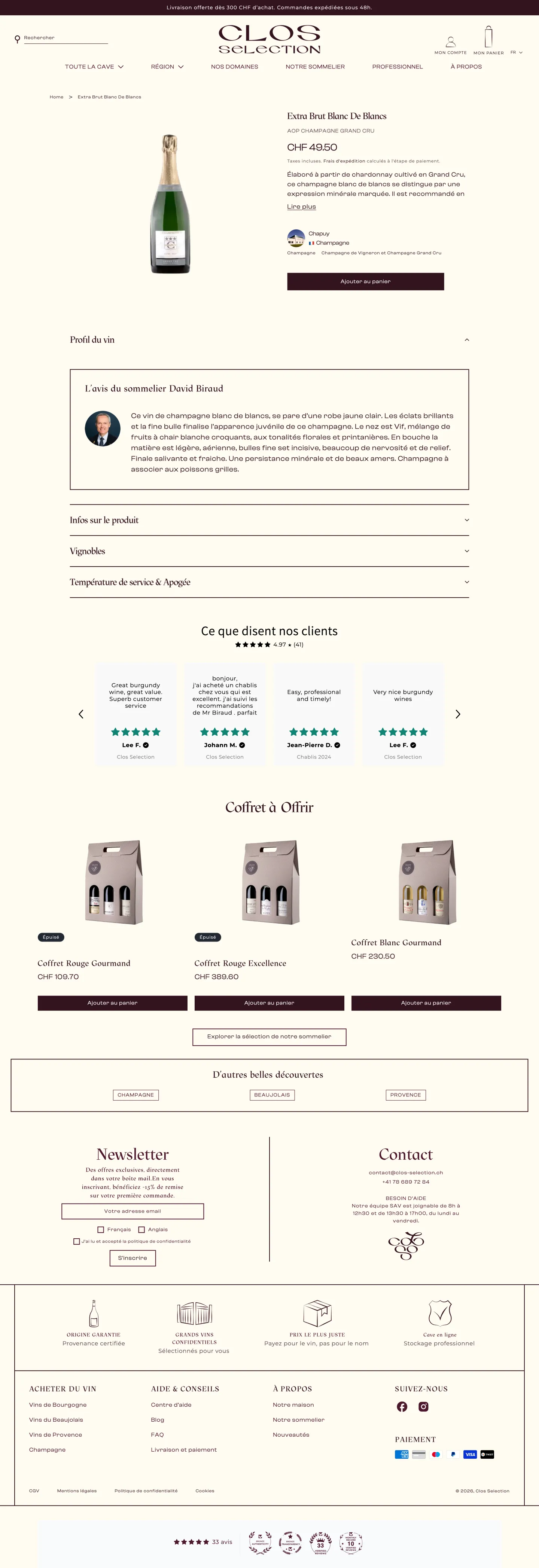Fiche produit d’un champagne grand cru sur le site Clos Sélection
