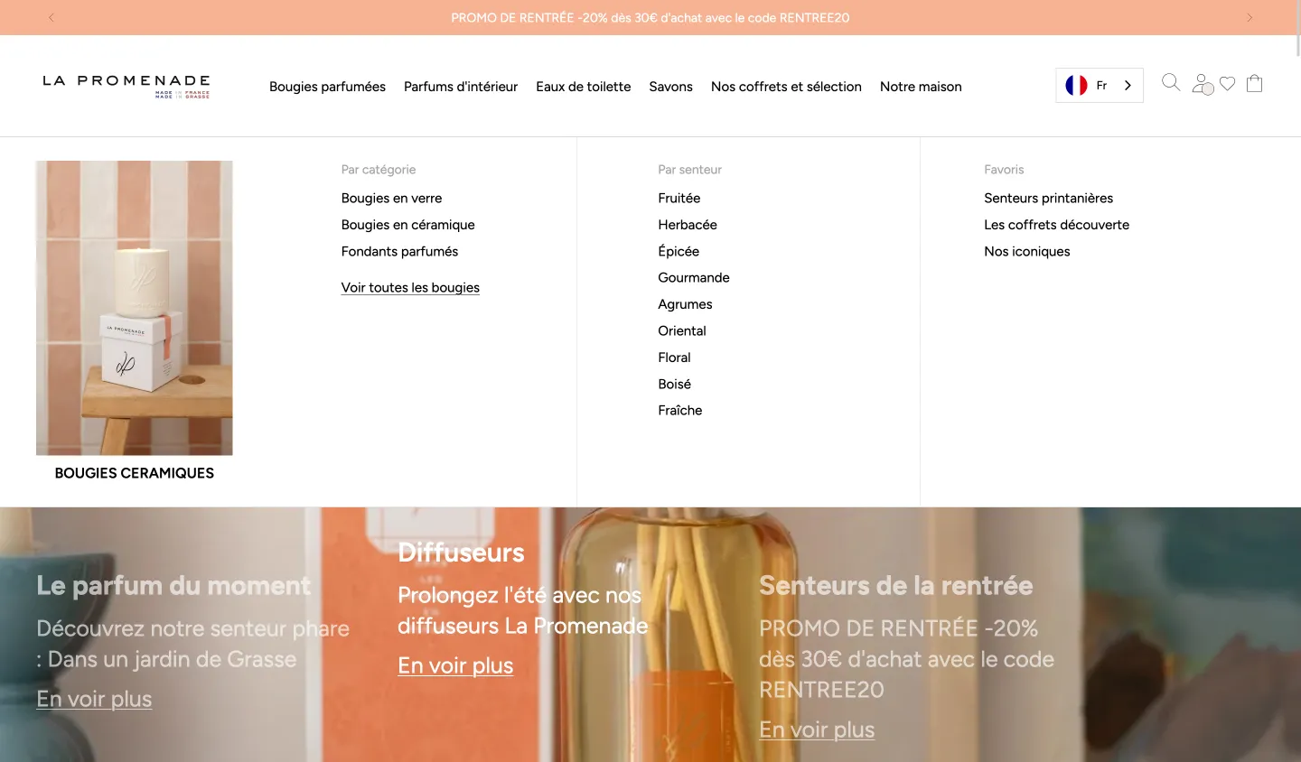 Mégamenu des bougies parfumées du site La Promenade