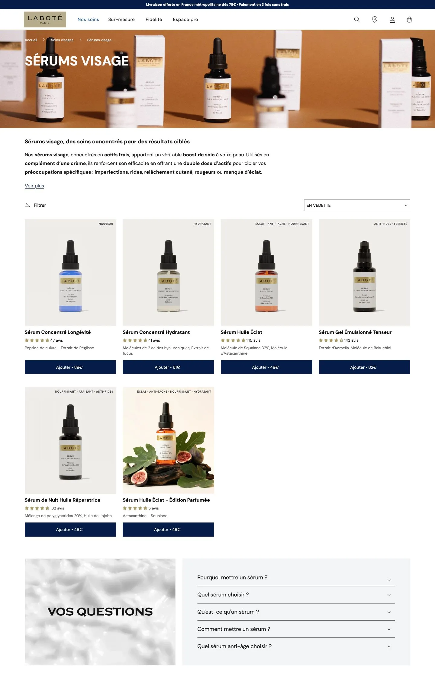 Page collection Sérums visage du site Laboté