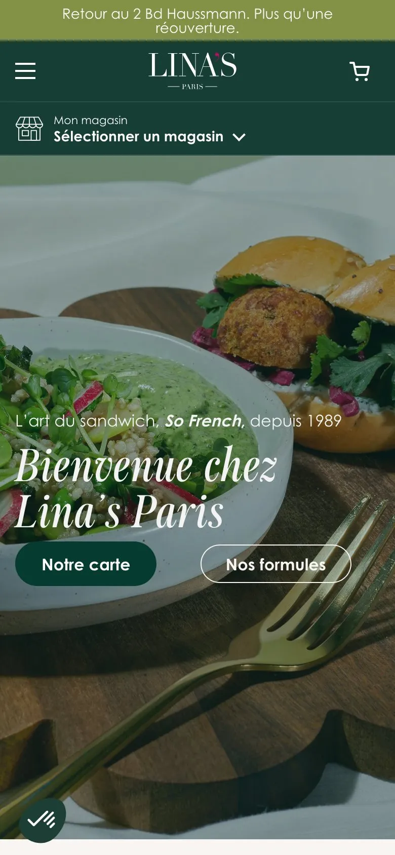 Page d’accueil de Lina’s Paris en navigation mobile