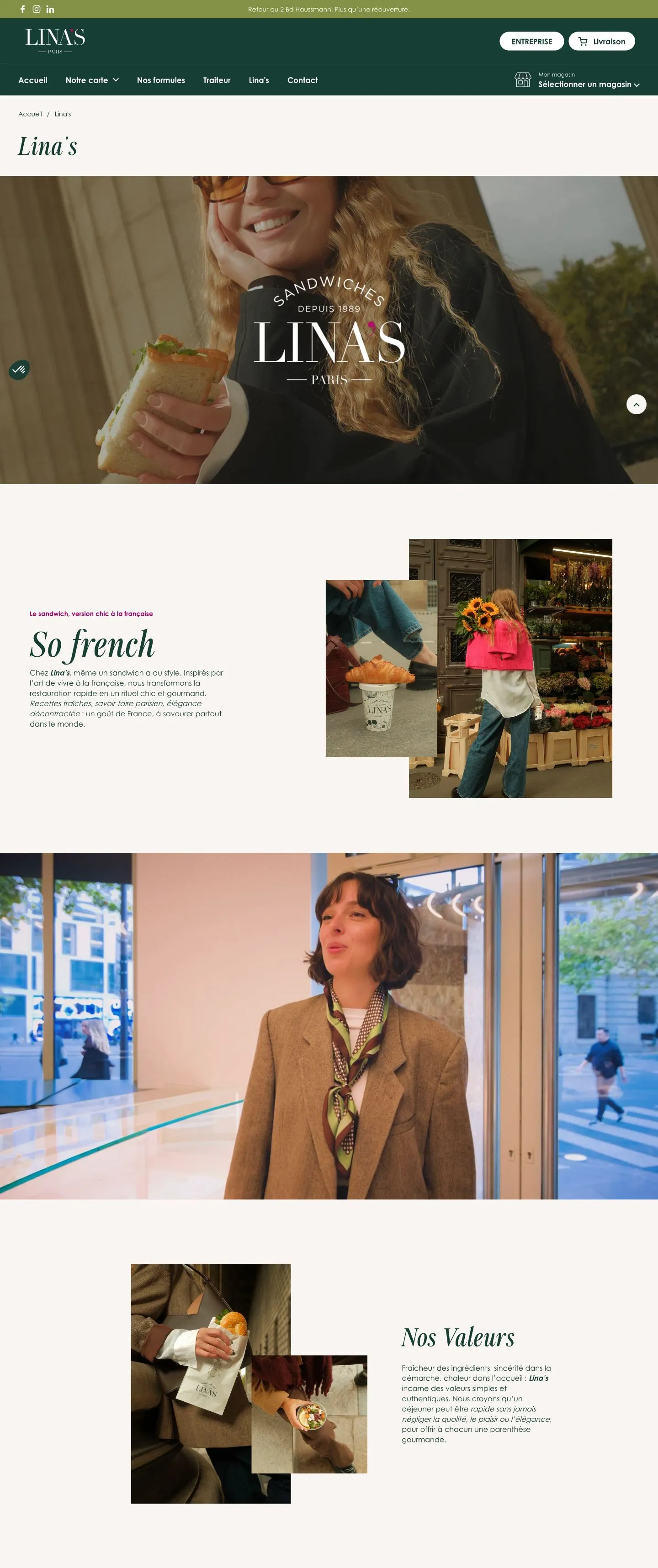 Page Lina’s, histoire et valeurs, du site Lina’s Paris