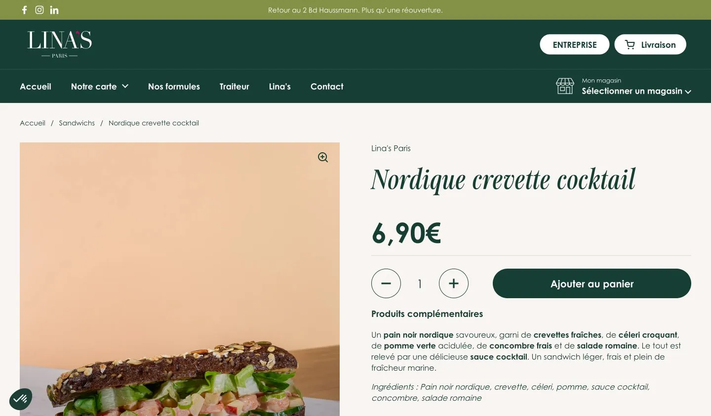Fiche produit Nordique crevette cocktail du site Lina’s Paris