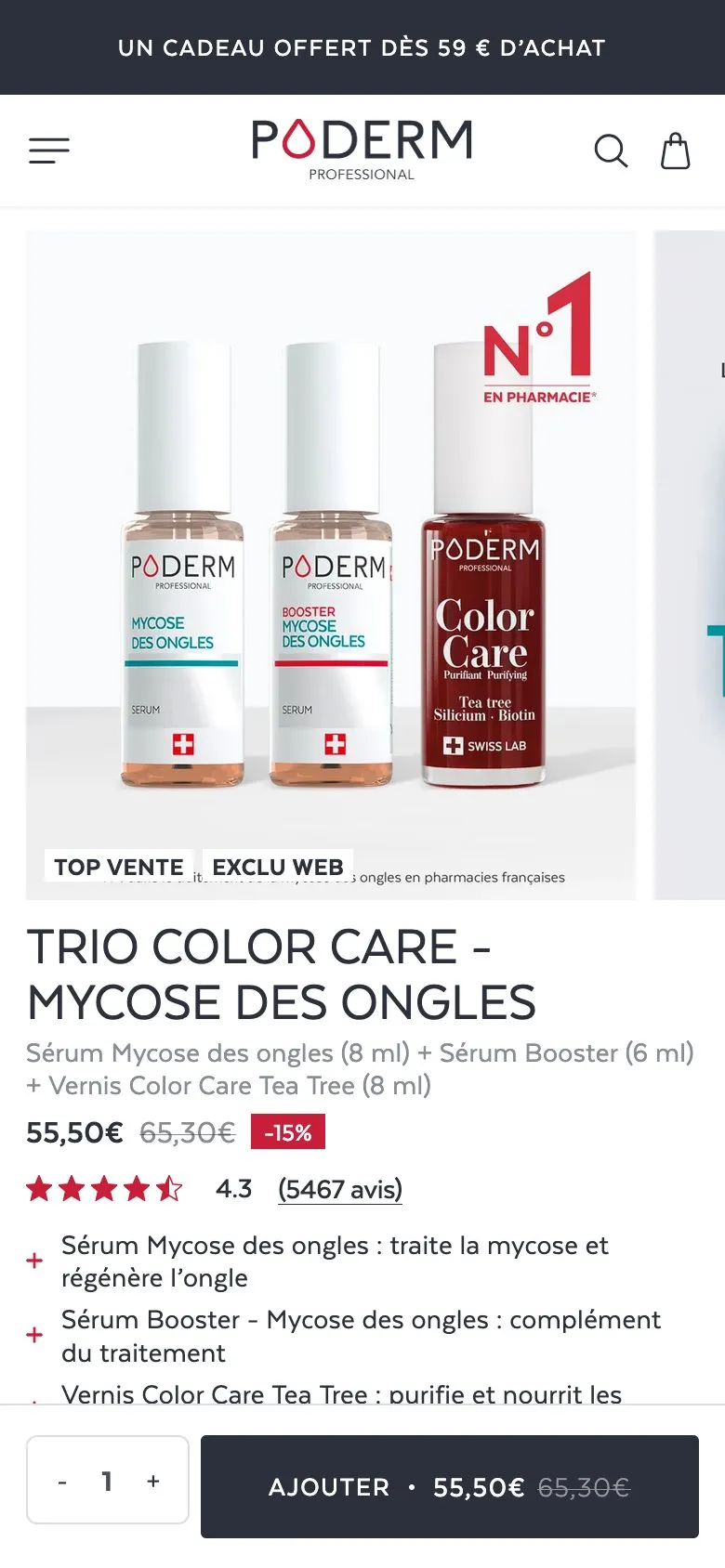 Fiche produit du site Poderm en navigation mobile