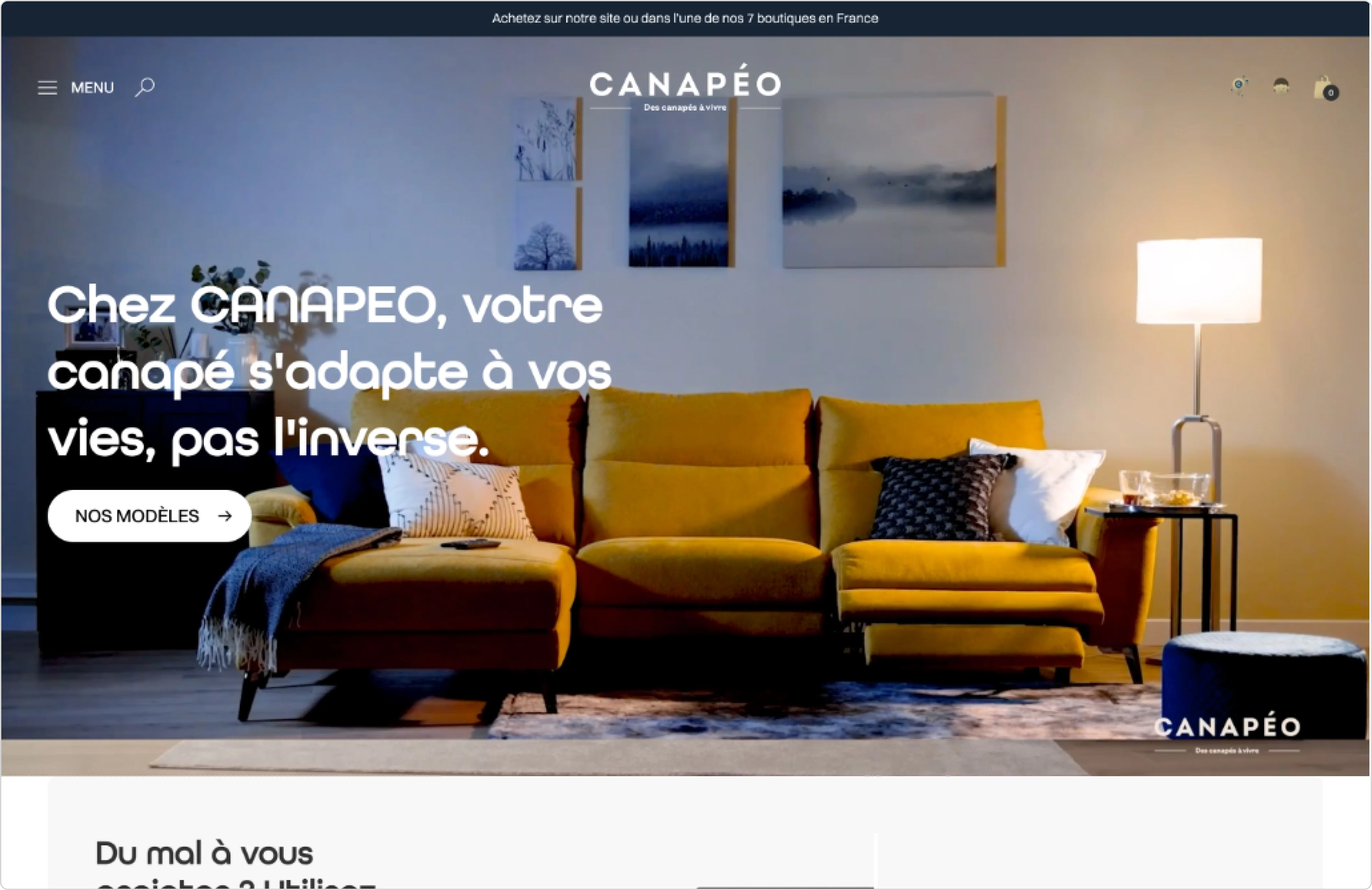 Homepage de la boutique Shopify Canapeo réalisée par Common Ideas