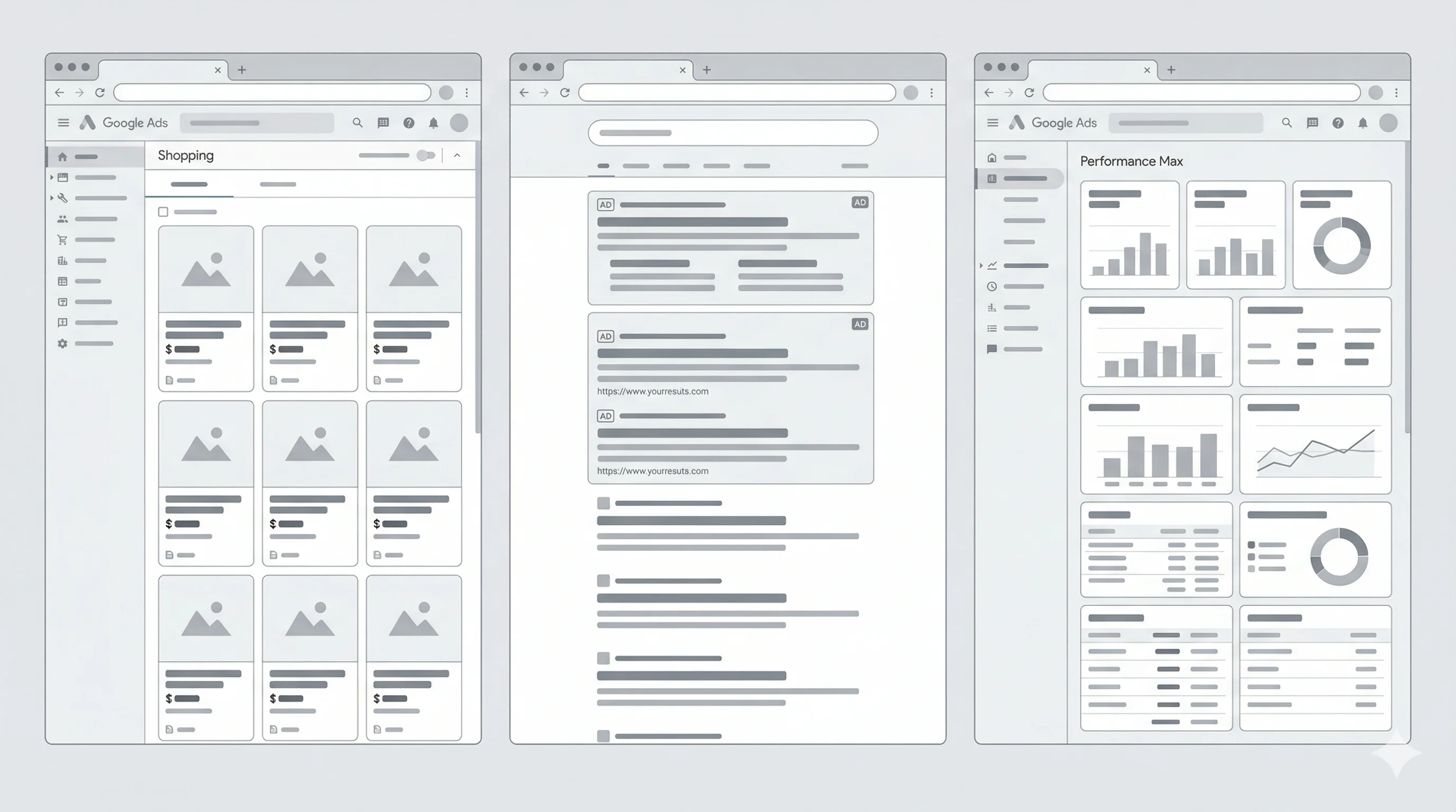 Illustration des différents formats de campagnes Google Ads pour l'e-commerce : Shopping, Search, Performance Max et Display