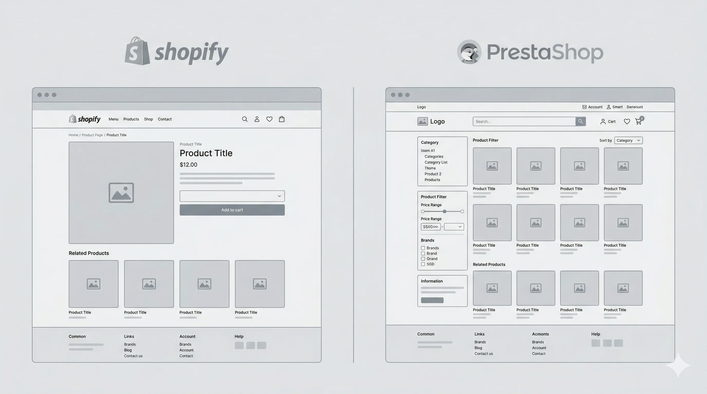 Illustration comparant l'architecture SaaS de Shopify et l'architecture open-source de PrestaShop pour une refonte e-commerce