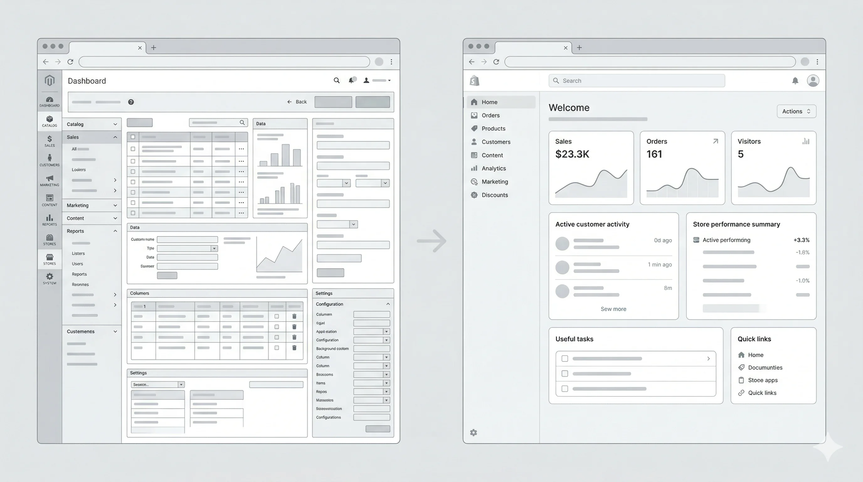 Illustration d'une migration e-commerce de Magento vers Shopify avec deux interfaces côte à côte