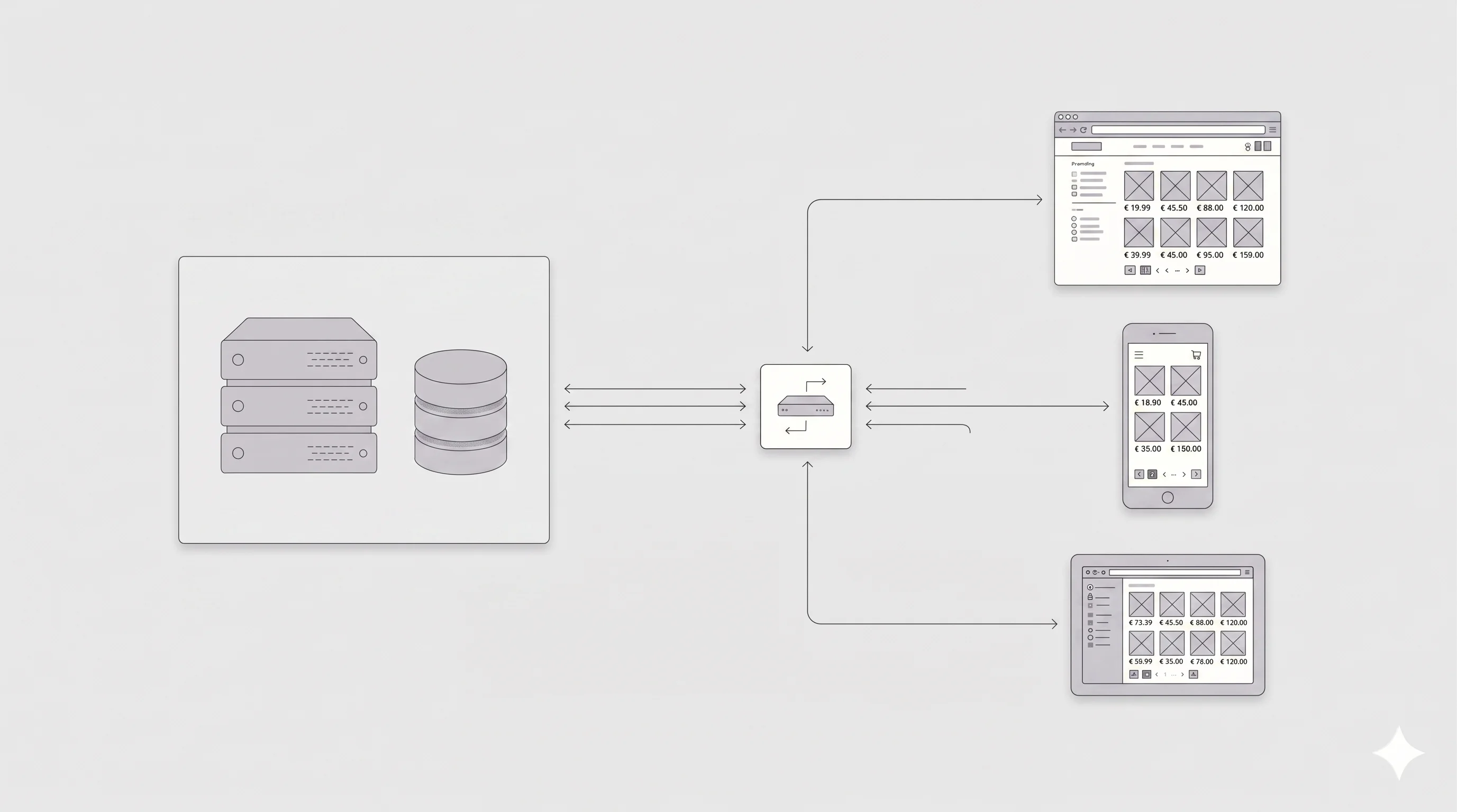 Illustration d'une architecture headless commerce avec back-office e-commerce et front-end découplé via API