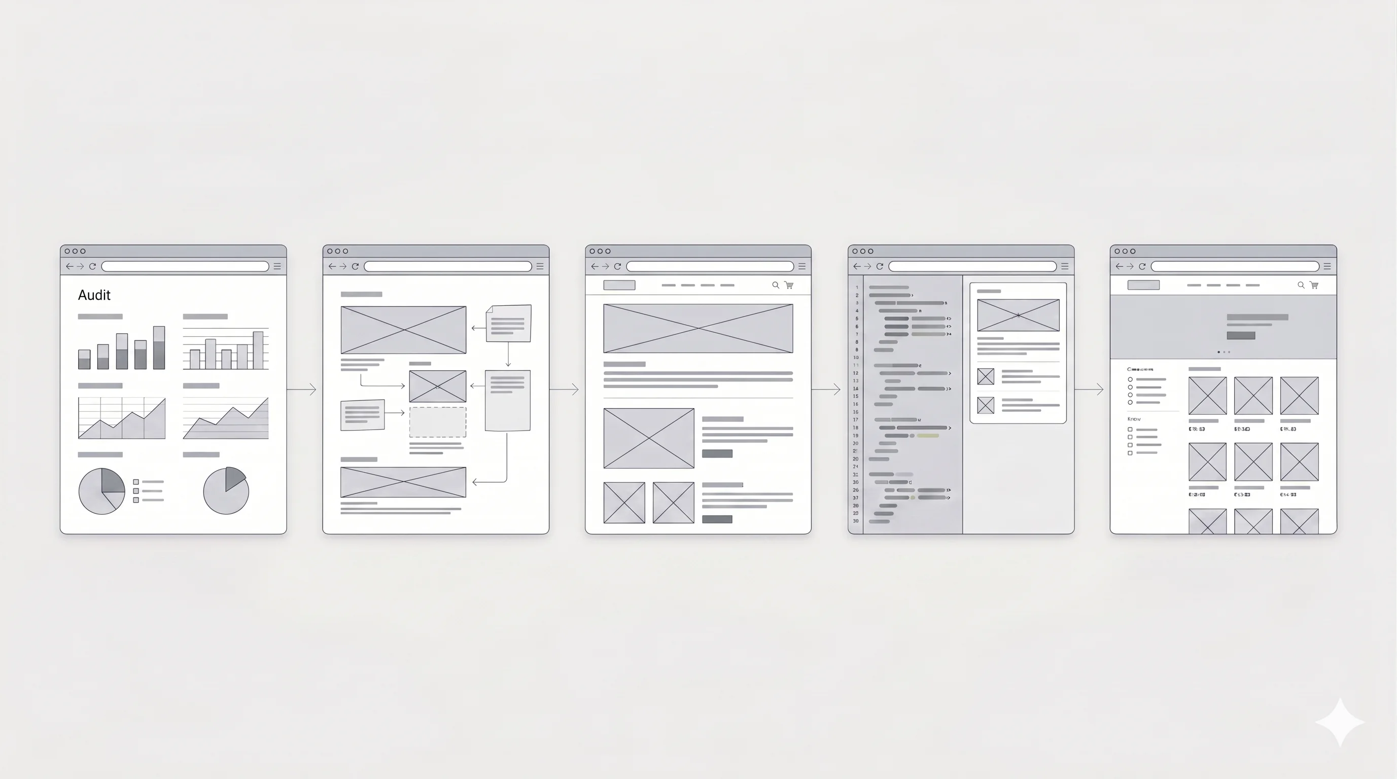 Illustration du processus de refonte e-commerce avec les étapes clés du projet de l'audit à la mise en ligne