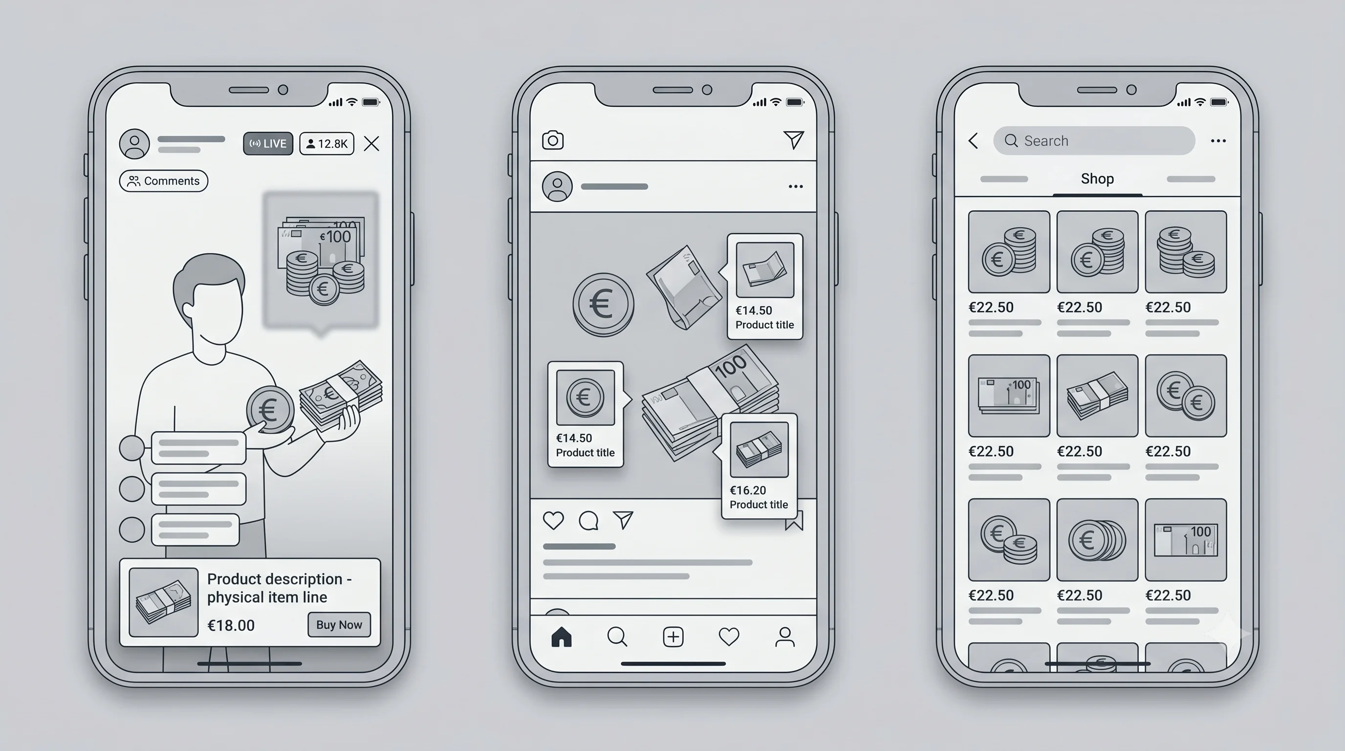 Illustration du social commerce avec live shopping mobile, posts shoppables et boutique TikTok et Instagram