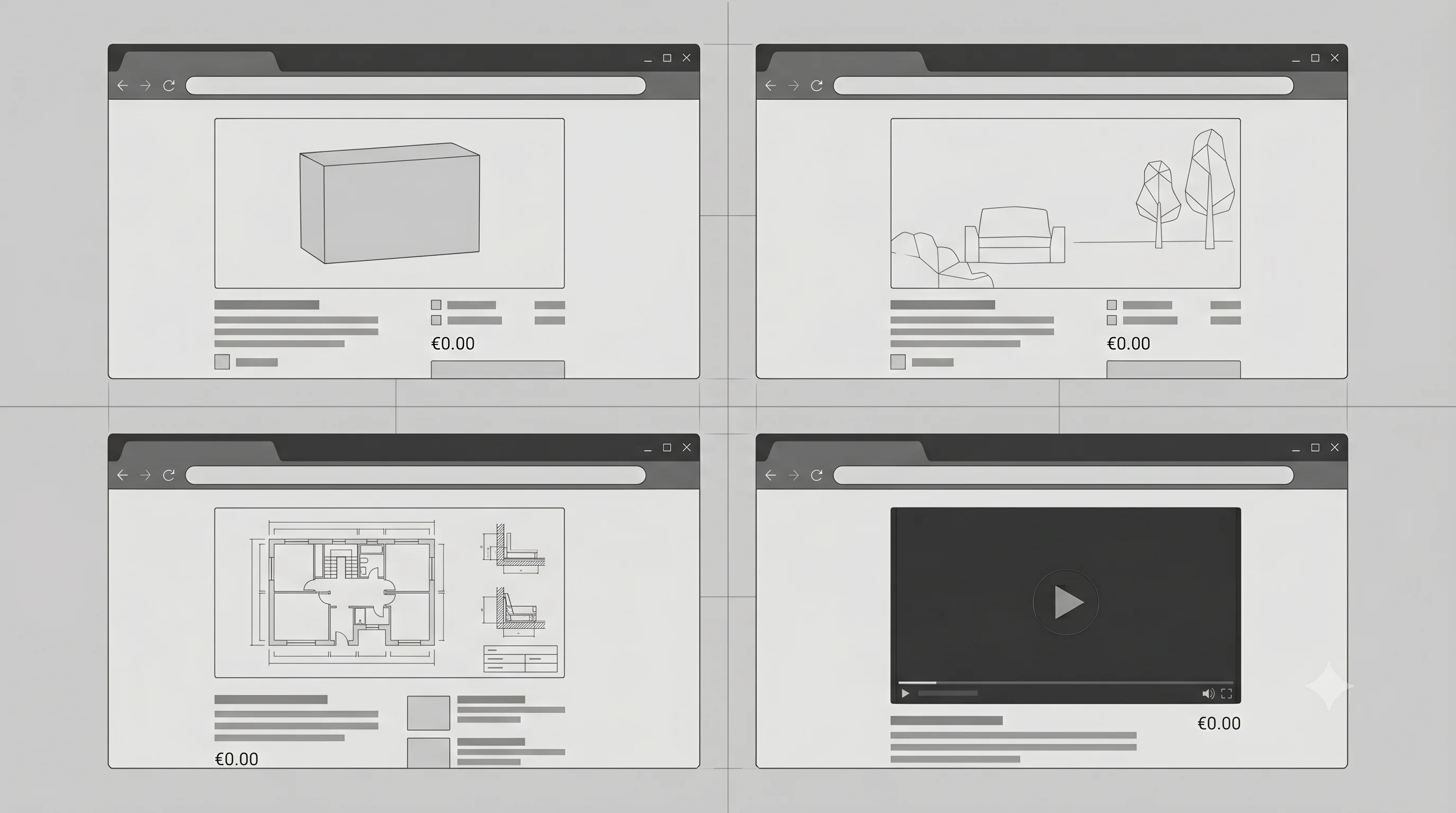 Illustration des différents types de visuels e-commerce : packshot studio, photo lifestyle, photo détail et vidéo produit