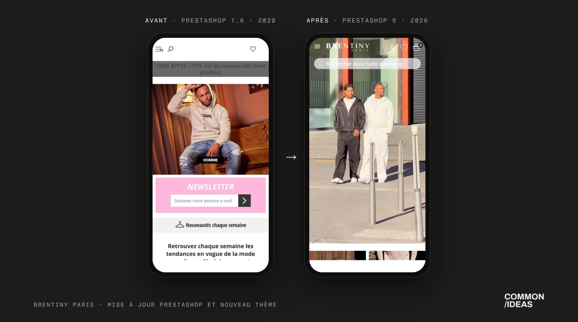 Brentiny Paris sur mobile : univers Homme sur PrestaShop 1.6 en 2020, puis page univers Homme après la mise à jour vers PrestaShop 9 avec un nouveau thème