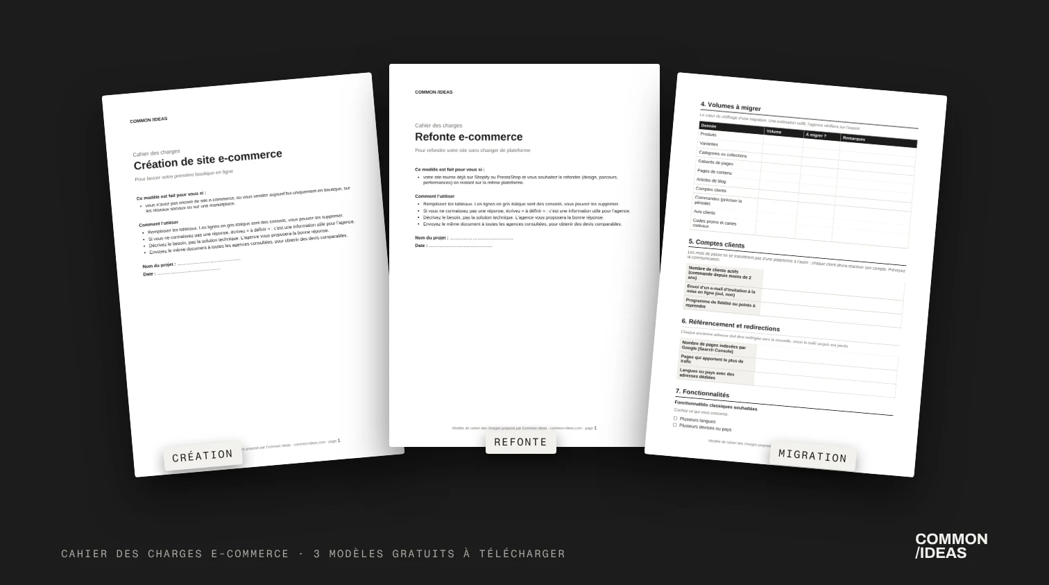Les trois modèles de cahier des charges e-commerce de Common Ideas : création de site, refonte et migration, avec le tableau des volumes à migrer