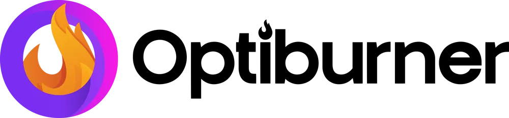 Optiburner logo featuring an orange flame inside a purple rounded shape next to the word Optiburner in bold black letters.