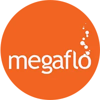 Megaflo company logo with white text and water droplet design on an orange background.