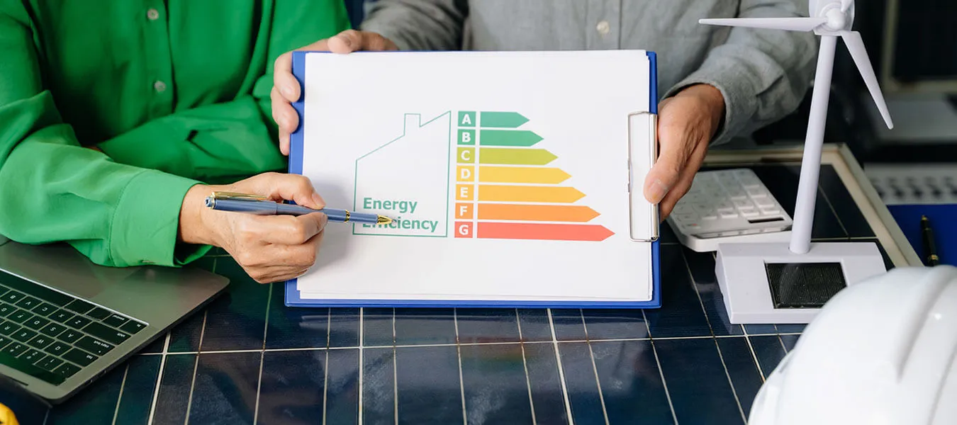 Two people reviewing an energy efficiency chart on a clipboard, with a laptop, calculator, wind turbine model, and hard hat on the table.