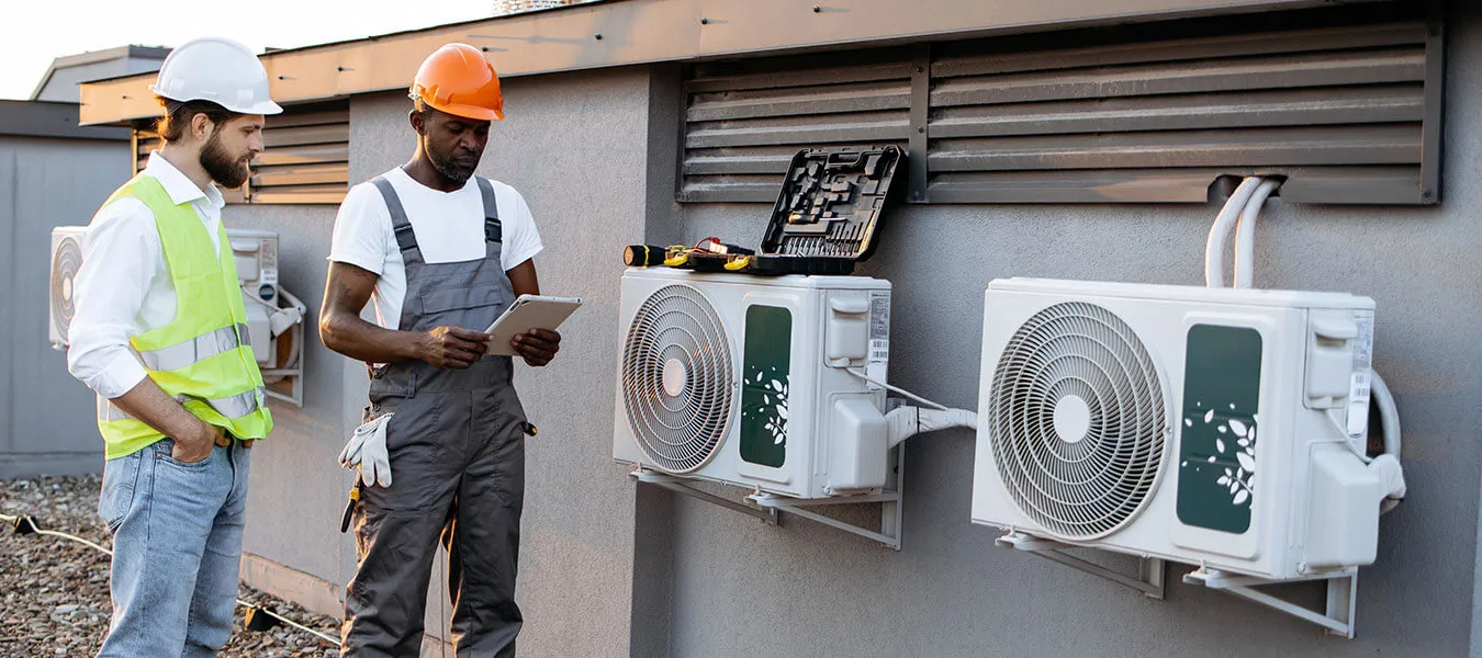 Two HVAC technicians wearing safety helmets inspecting outdoor air conditioning units mounted on a building wall, with tools placed on one unit.