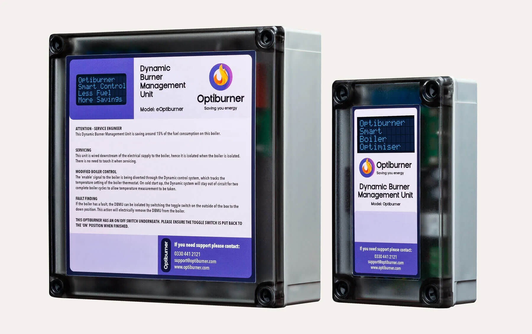 Two Optiburner Dynamic Burner Management Units side by side, each with a digital display and informational labels about fuel saving and boiler control.
