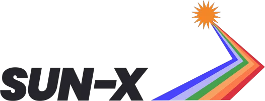 Orange sun with rays emitting a rainbow-colored beam above black bold text 'SUN-X'.