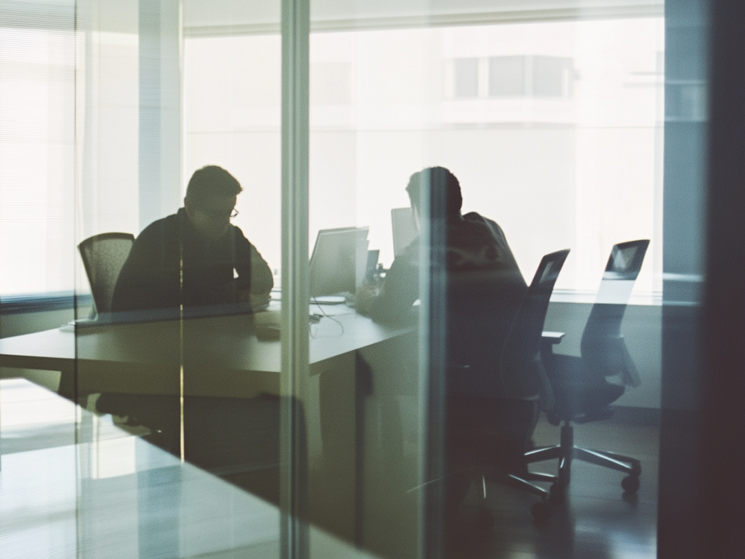 Silhouettes of two people working at desks behind a glass office wall