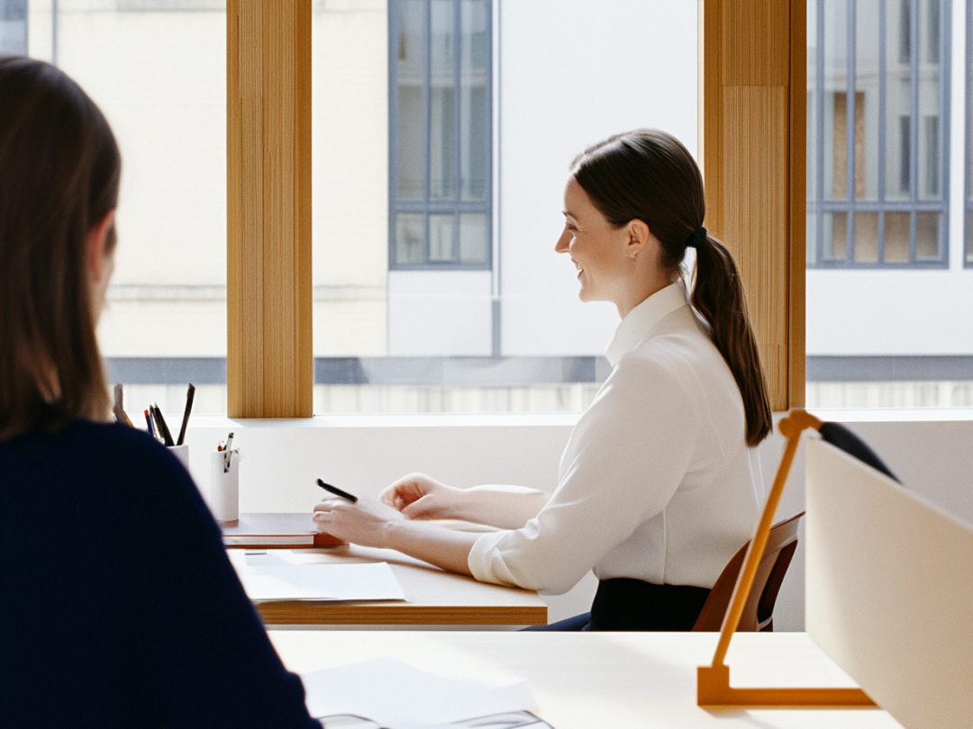 Two women talking across a desk in a bright, sunlit office