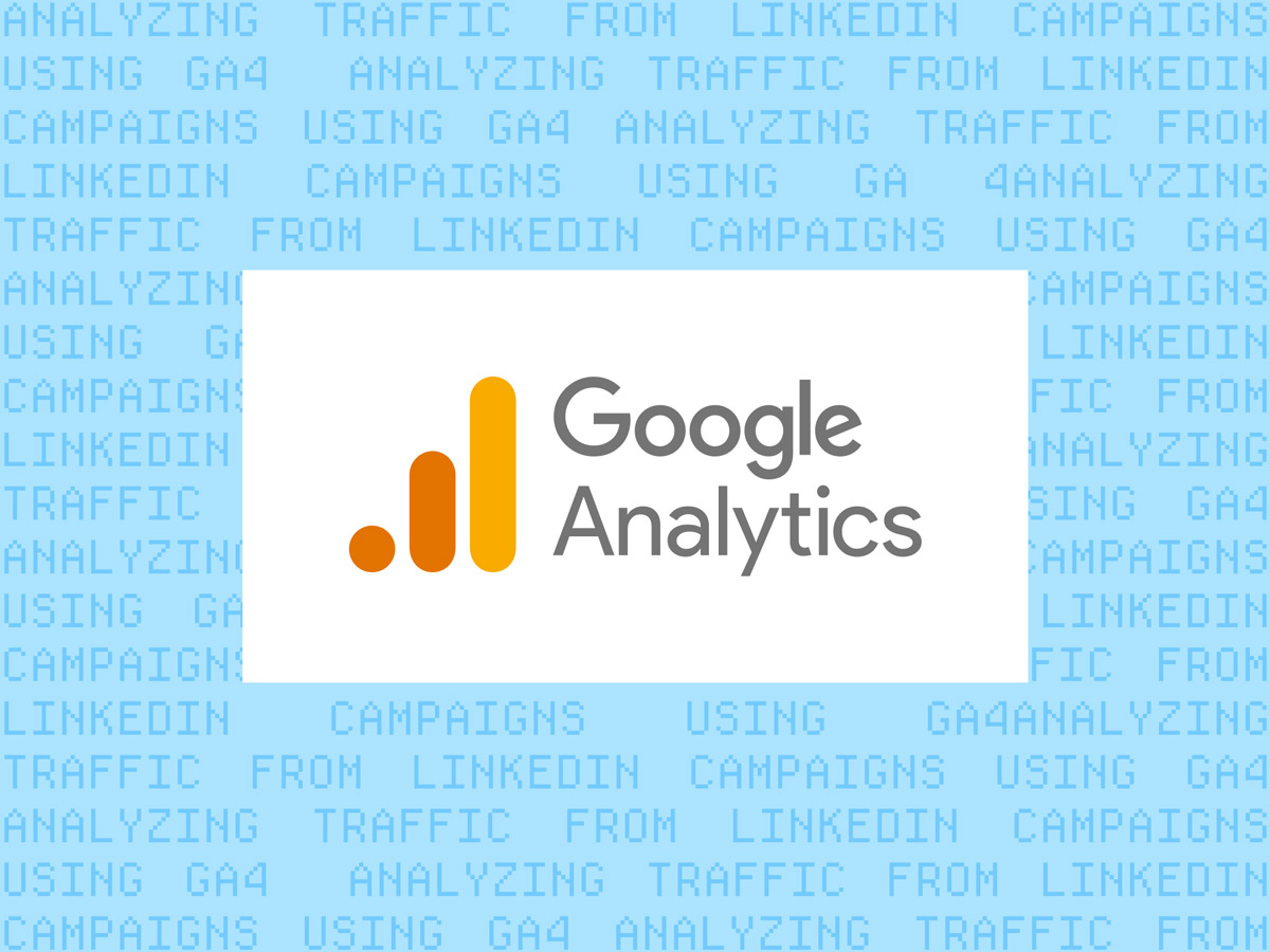 Google Analytics logo on a light-blue background of repeated article title text
