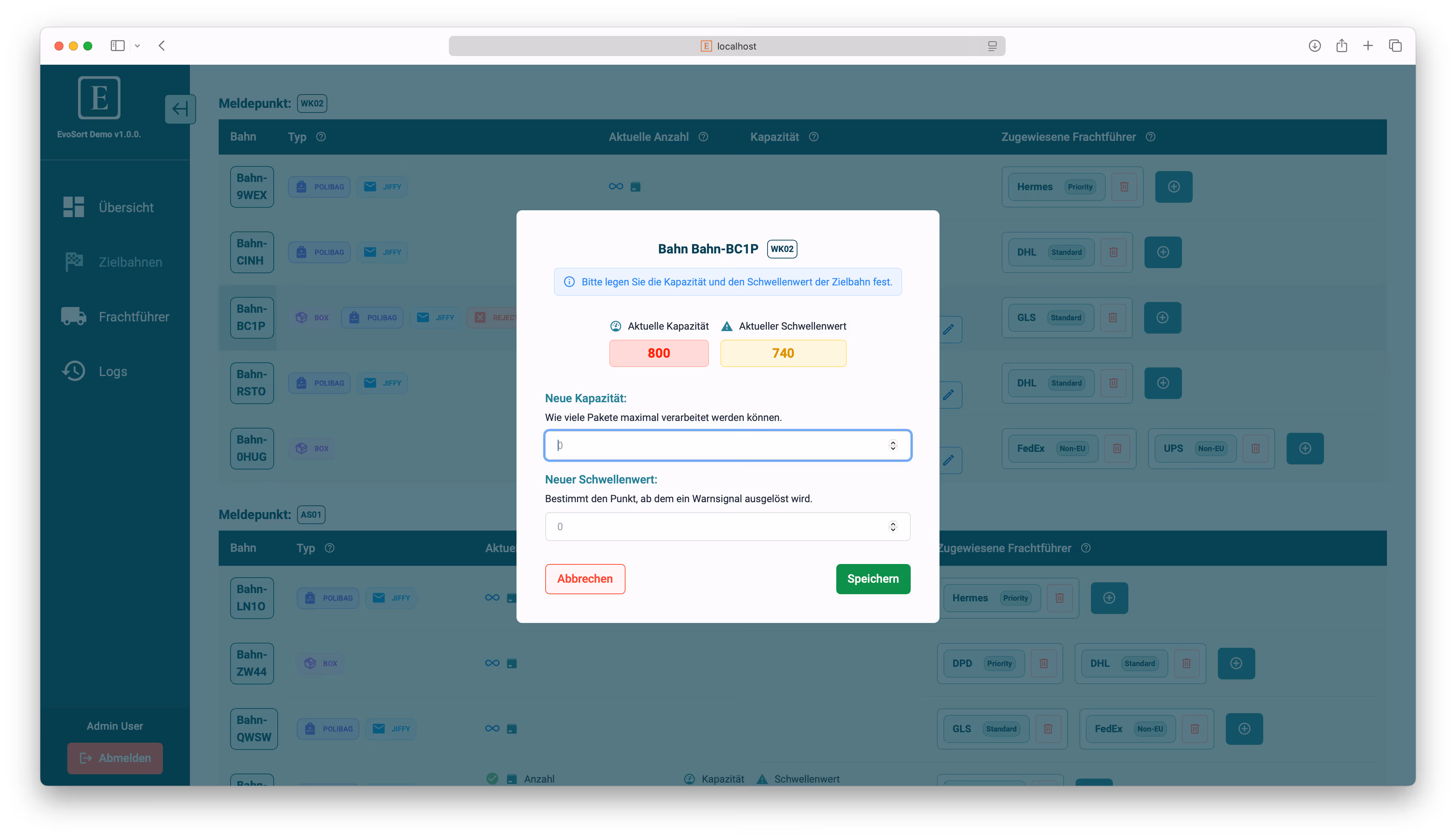 EvoSort: Screenshot of the modal with a form.