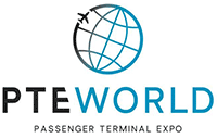 Logo von PTE World mit einem stilisierten Globus und einem Flugzeug, darunter der Schriftzug Passenger Terminal Expo.