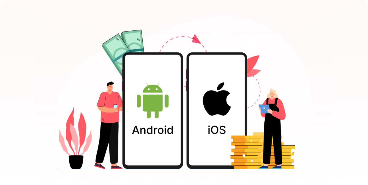 Vergleich der App Entwicklung für Android und iOS mit Symbolen beider Systeme.